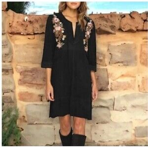 Johnny Was Workshop Black Leather Mid Length Dress Size Petite Medium (8/10)